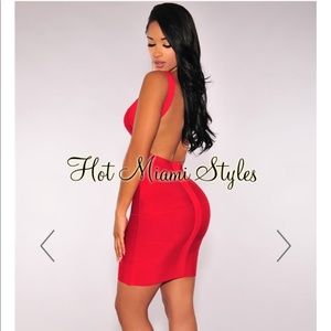 Red Plunging Back Silky Bandage Dress